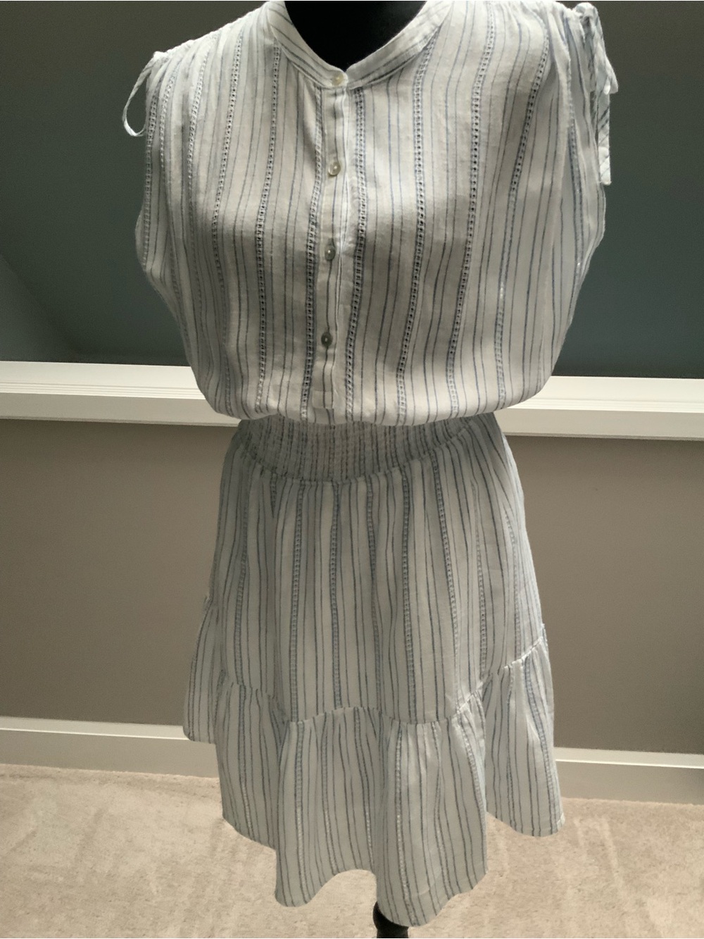 Rails White and Light Blue Striped Sleeveless Smocked-Waist Dress